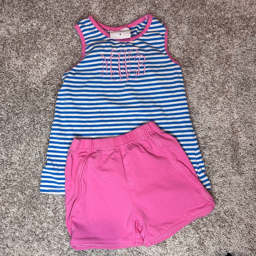 Monogram mWb - Jellybean tank and shorts set- blue/white stripe with pink size 3
